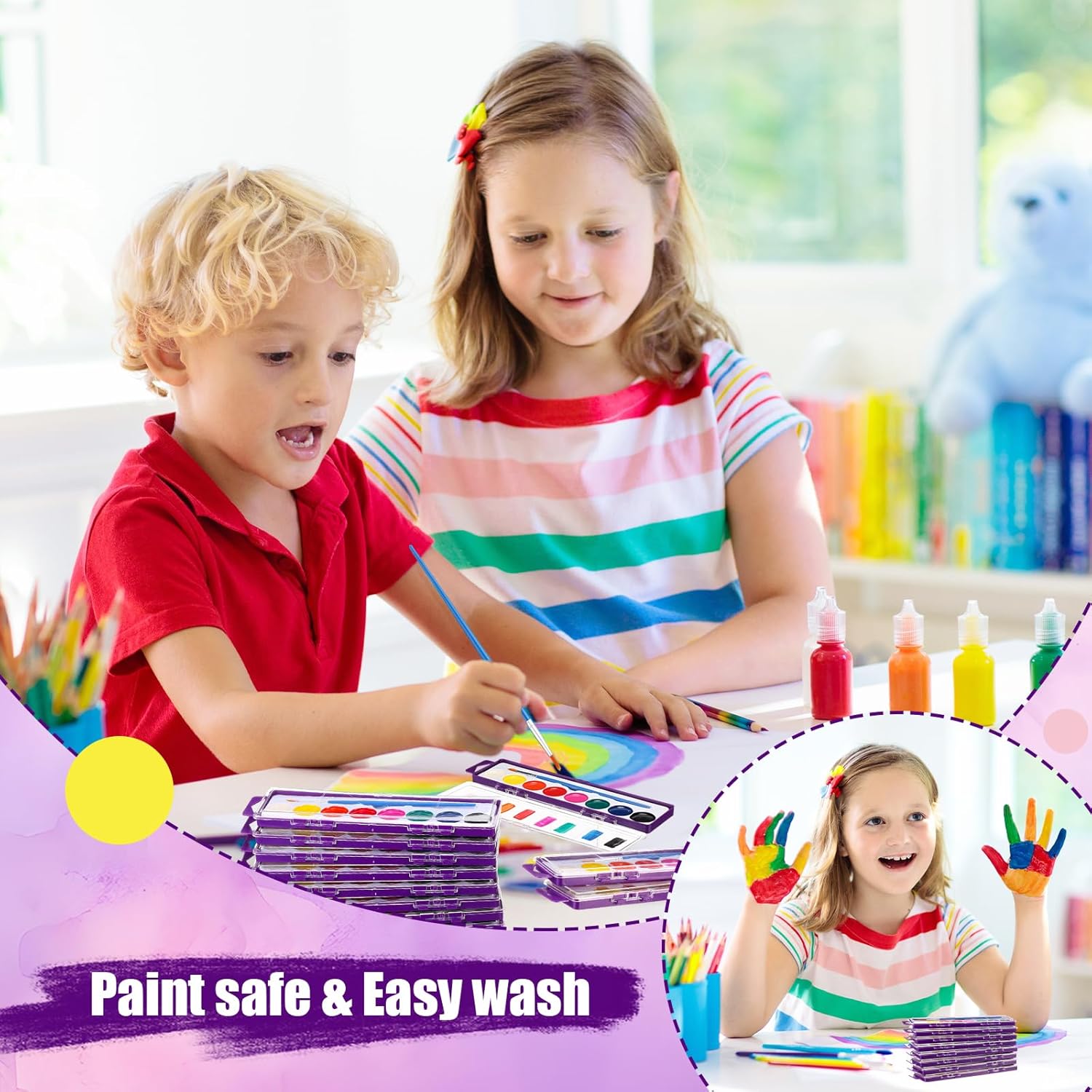 3 Pack 8 Colors Watercolor Paint Set Washable Watercolor Paint with Paint Brushes for Kids School Classroom Kindergarten Gifts Art Activities Party Supplies(Purple)